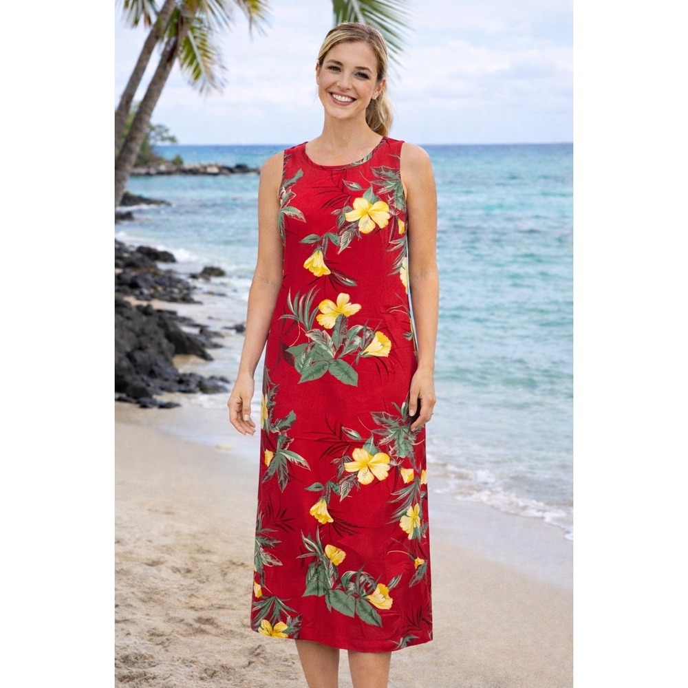 La Cabana Red Hawaiian Print‎ Sleeveless Midi Dress Size Small Beach Vacation